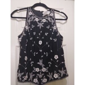 Papell Boutique Evening Beaded Floral Silk Top size M/ Black Silver
